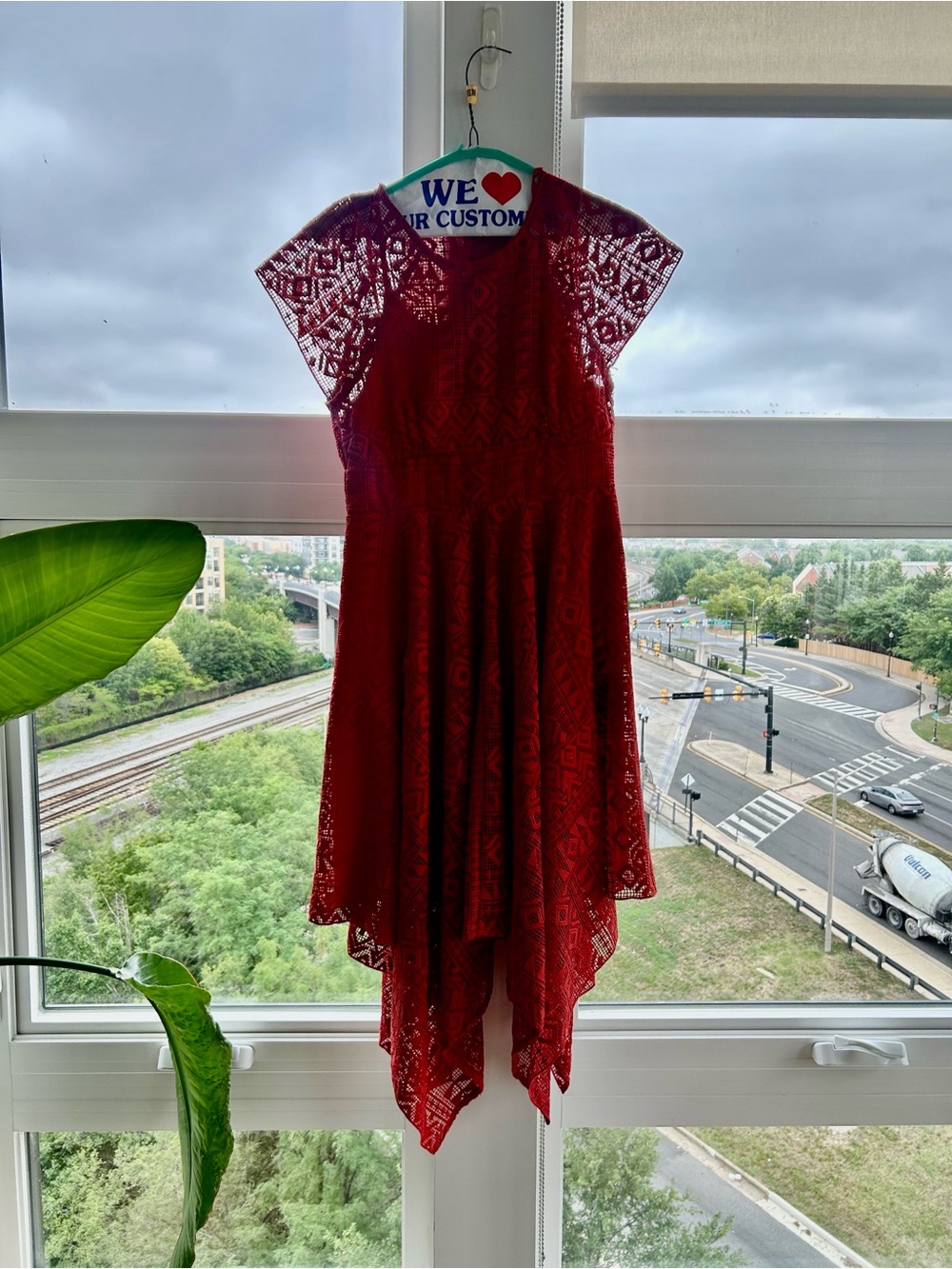 Maeve Crimson Lace High-Low Dress with Cap Sleeves